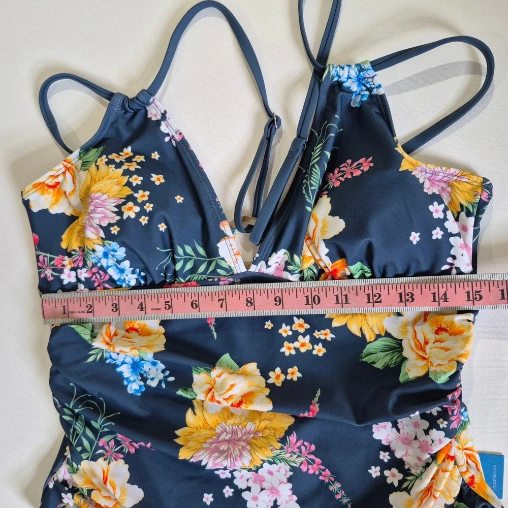 Cupshe Womens‎ Navy Floral Ruched V-Neck One Piece Swimsuit Cutout Back Size XL